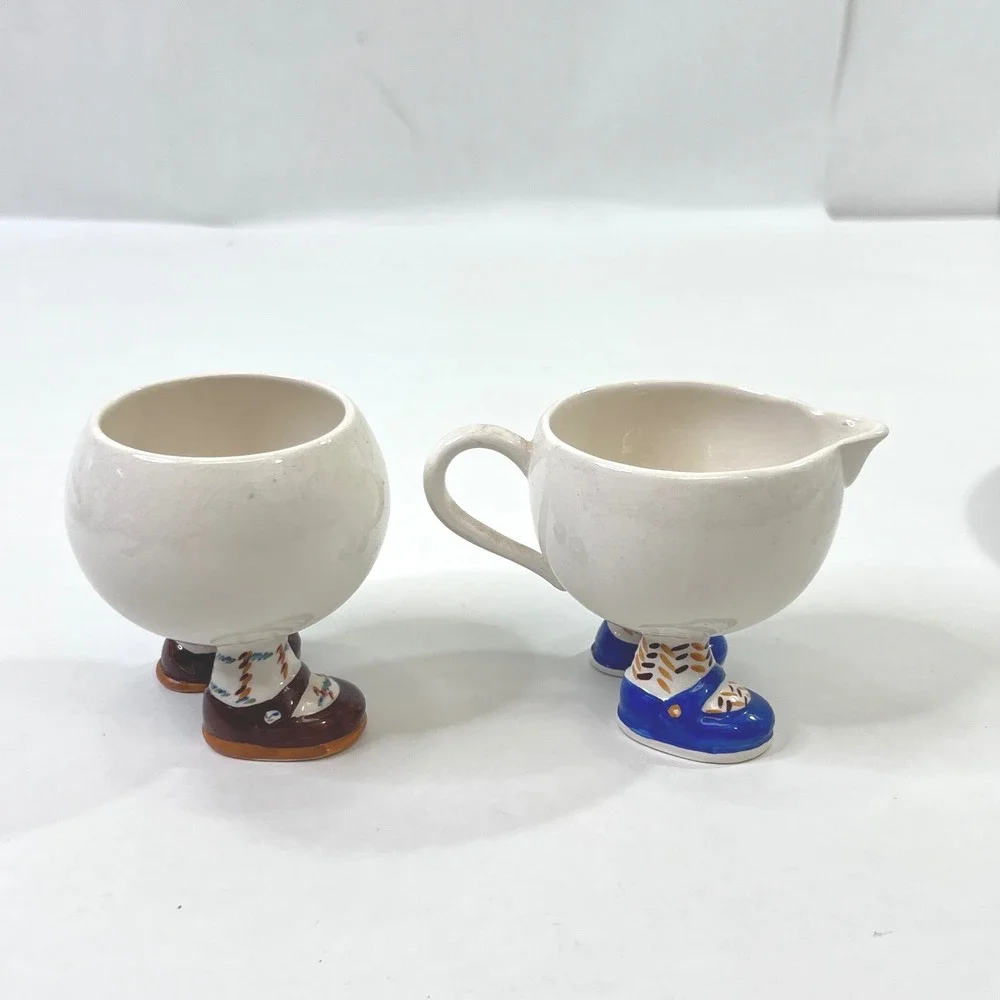 Carlton Ware Walking Ware Creamer Sugar Bowl England Blue Brown Shoes Vintage